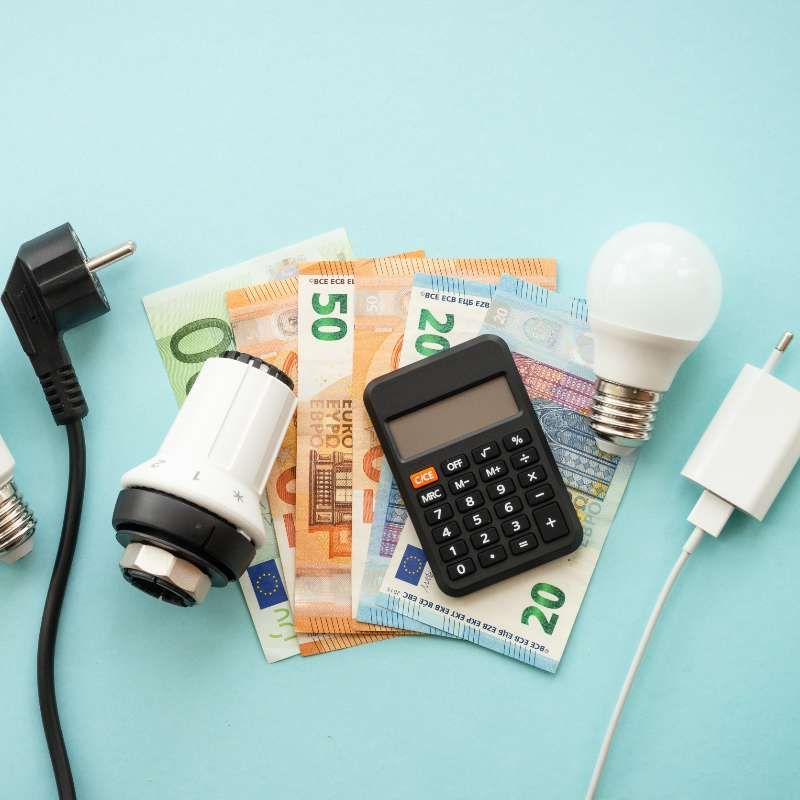Dinero junto a bombillas, enchufes y una calculadora